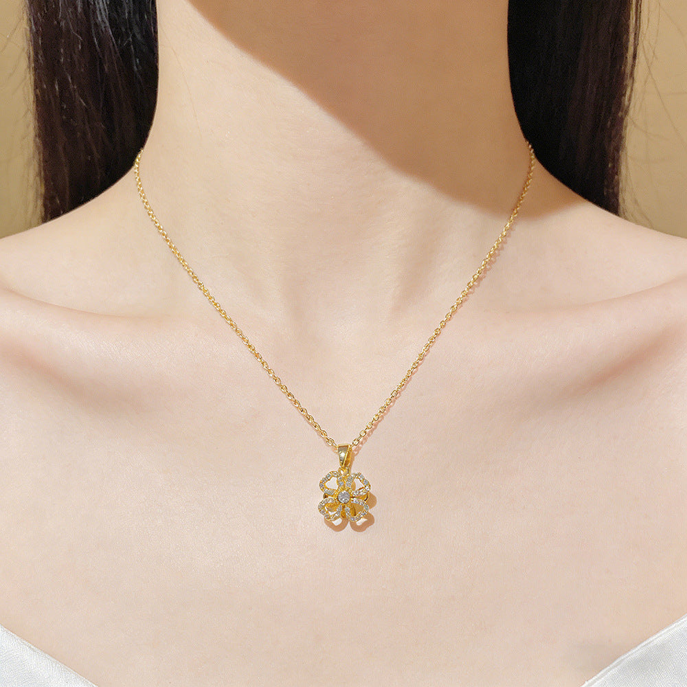 Gold #1 Rotatable Four-leaf Flower Pendant Necklace