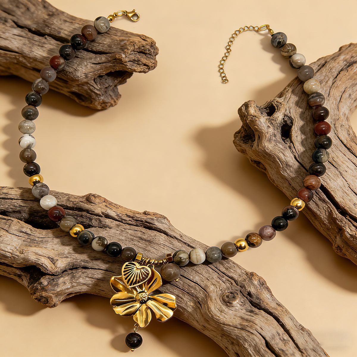 Crazy Agate Stone Stainless Steel Tiger Eye Beaded Flower Necklace