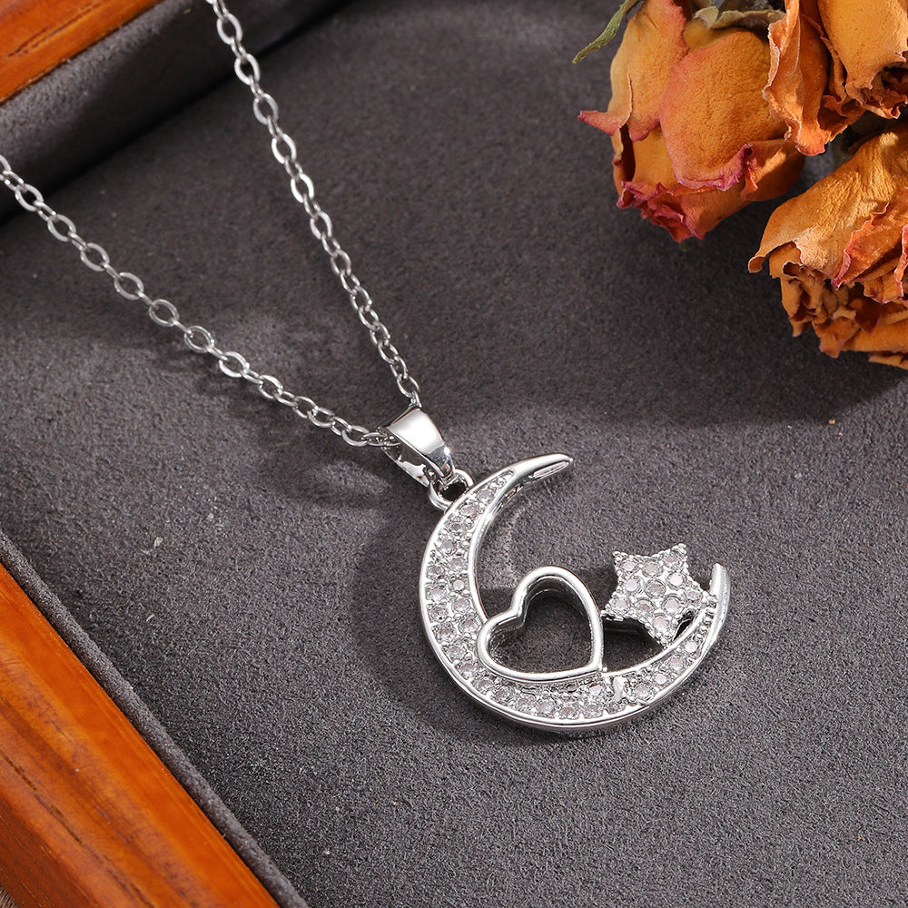 Necklace #7 304 Stainless Steel Diamond-encrusted Heart And Moon Necklace