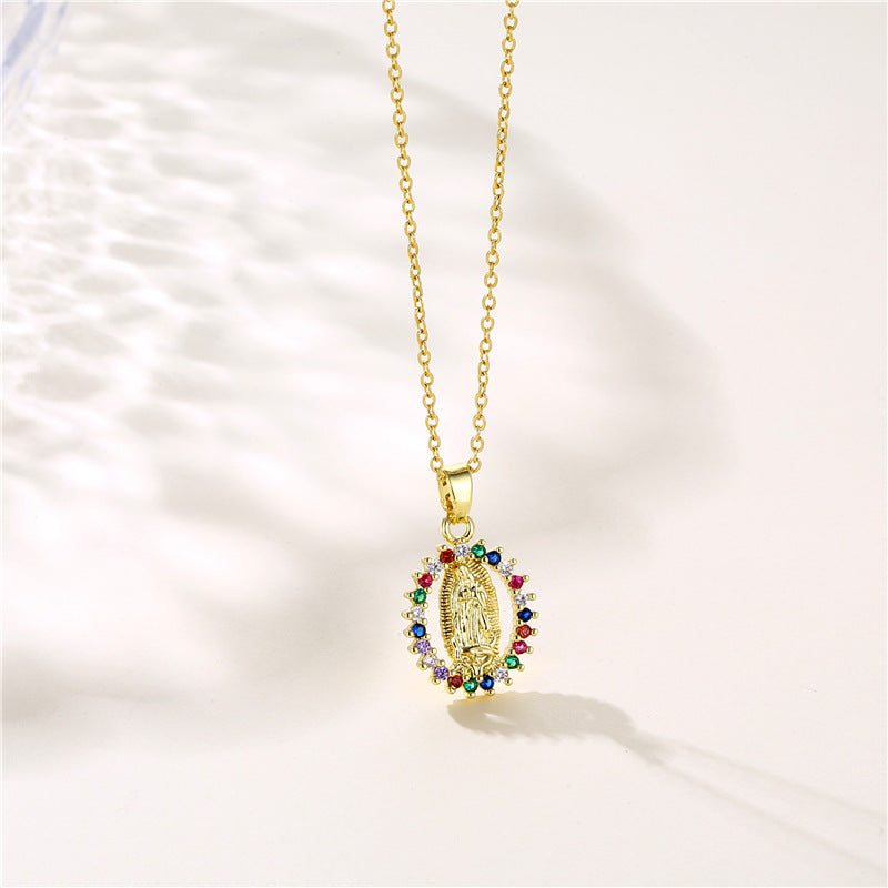 Gold Stainless Steel Diamond-encrusted Virgin Mary Necklace