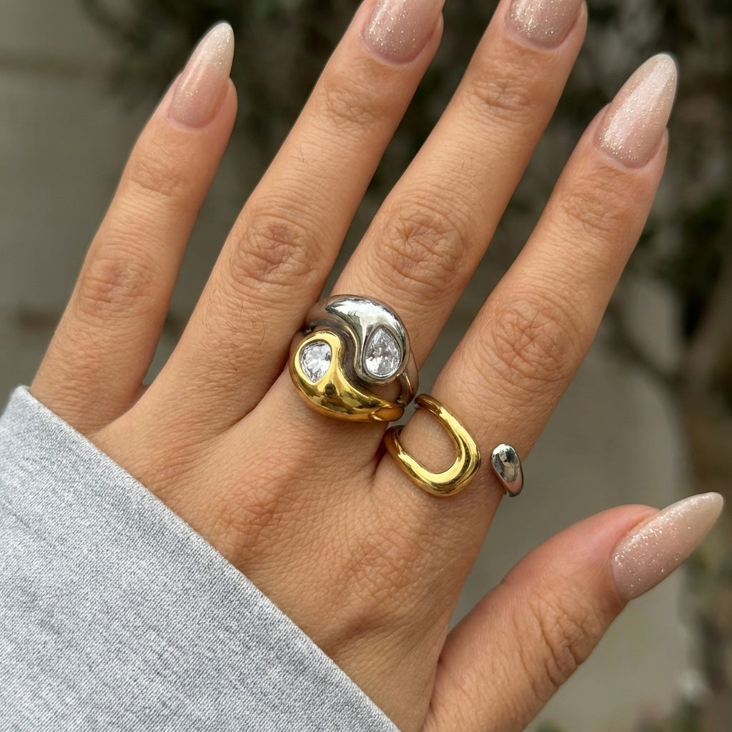 Two-tone 2 3pcs 18k Gold Stainless Steel Color Block Zircon Ring Set