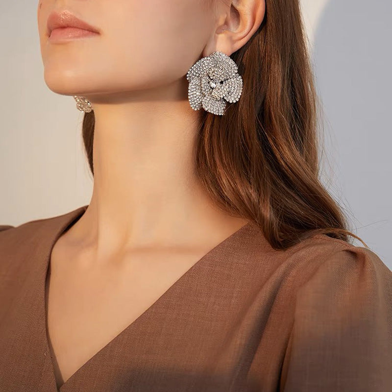 Silver Diamond Flower Earrings Alloy Diamond Flower Earrings