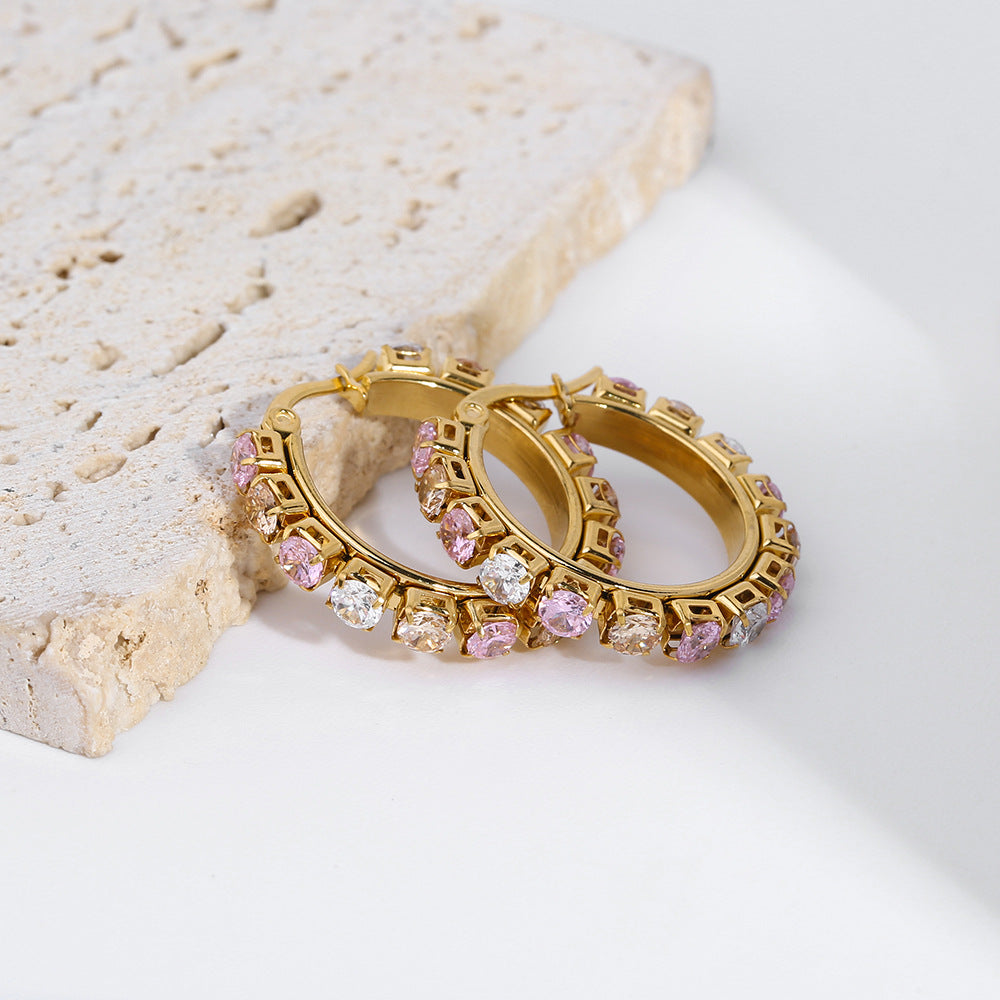 Fashion White Stainless Steel Diamond Round Earrings