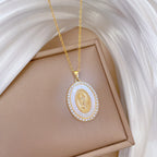 Gold Stainless Steel Diamond Portrait Oval Necklace