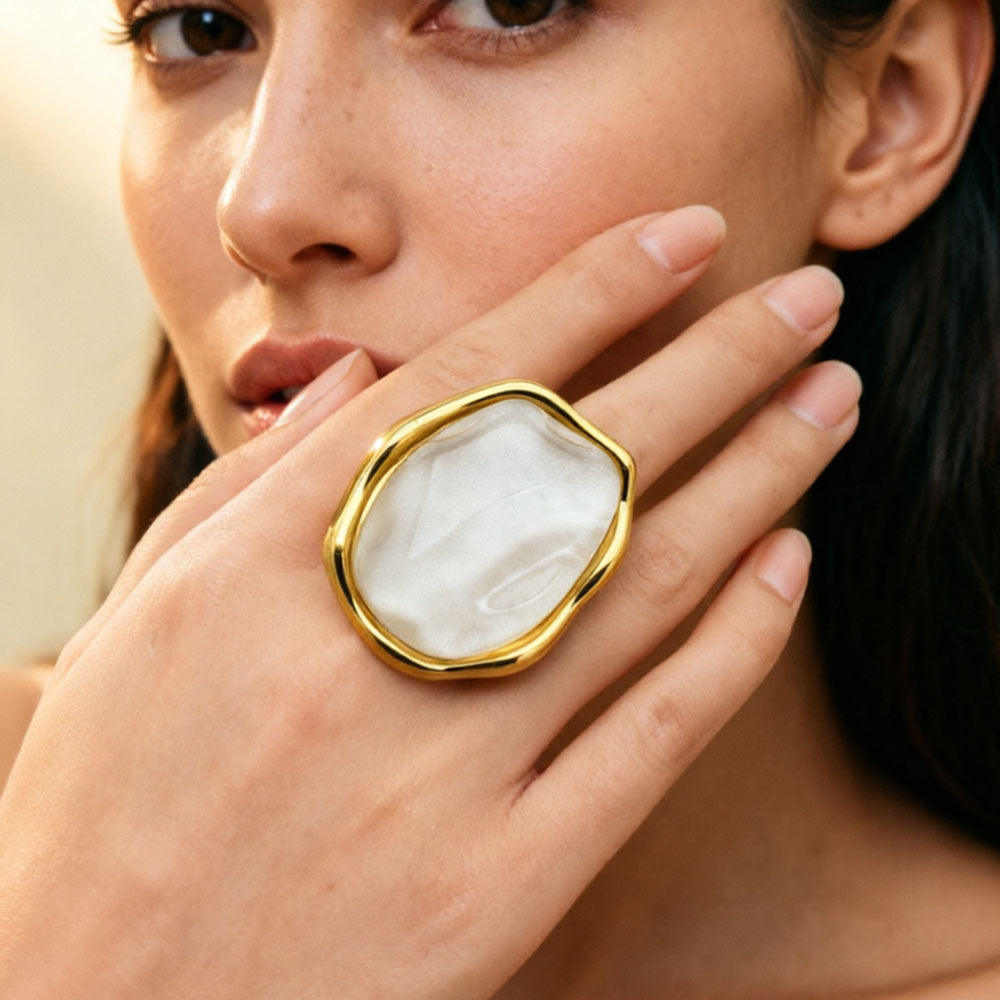 White Oversized Resin Stainless Steel Statement Ring
