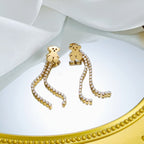 Gold Bear Rhinestone Tassel Drop Earrings