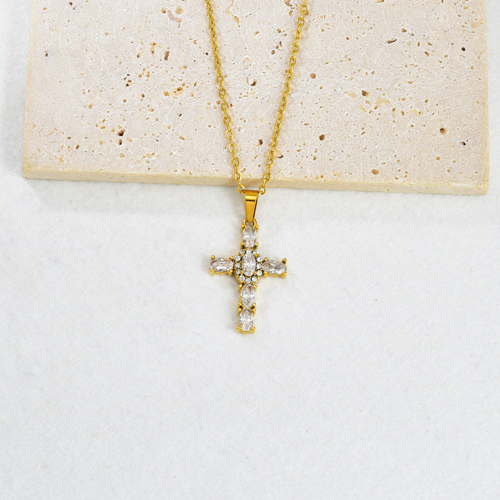 Gold Stainless Steel Diamond-encrusted Cross Necklace