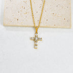 Gold Stainless Steel Diamond-encrusted Cross Necklace