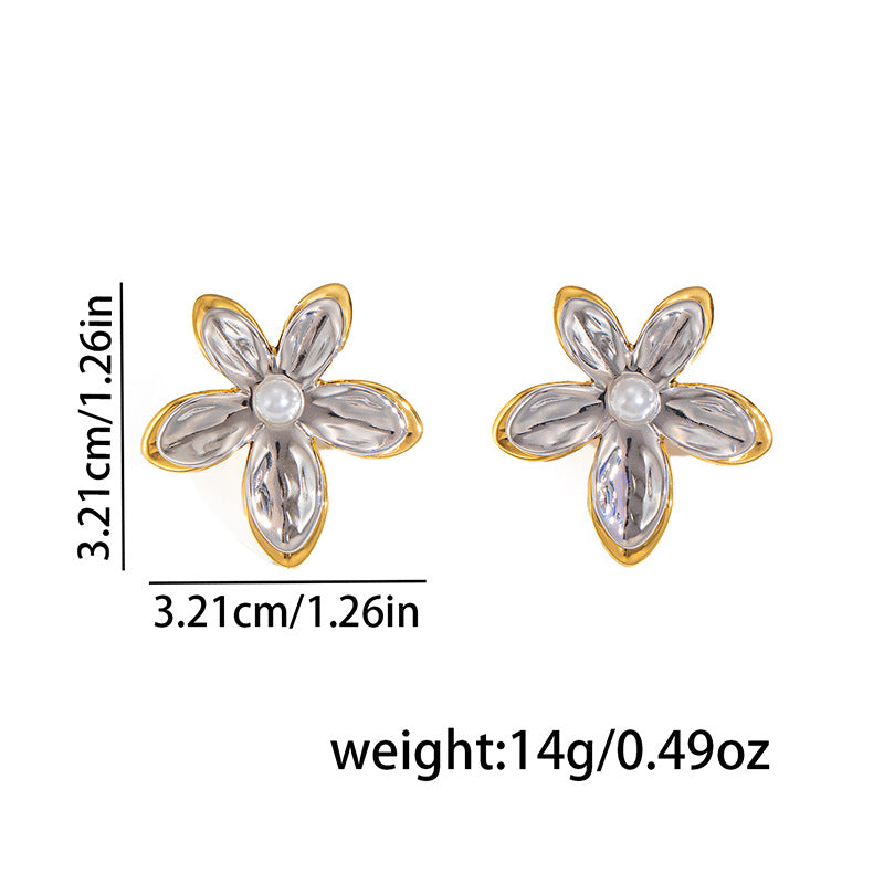 Gold And Silver Color-blocked Square Stud Earrings Titanium Steel Two-tone Flower Earrings
