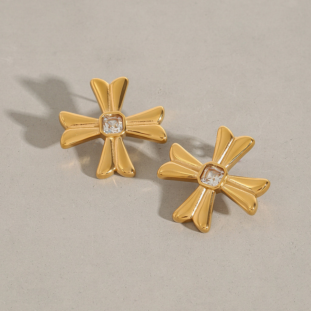 Gold Stainless Steel Diamond Cross Earrings