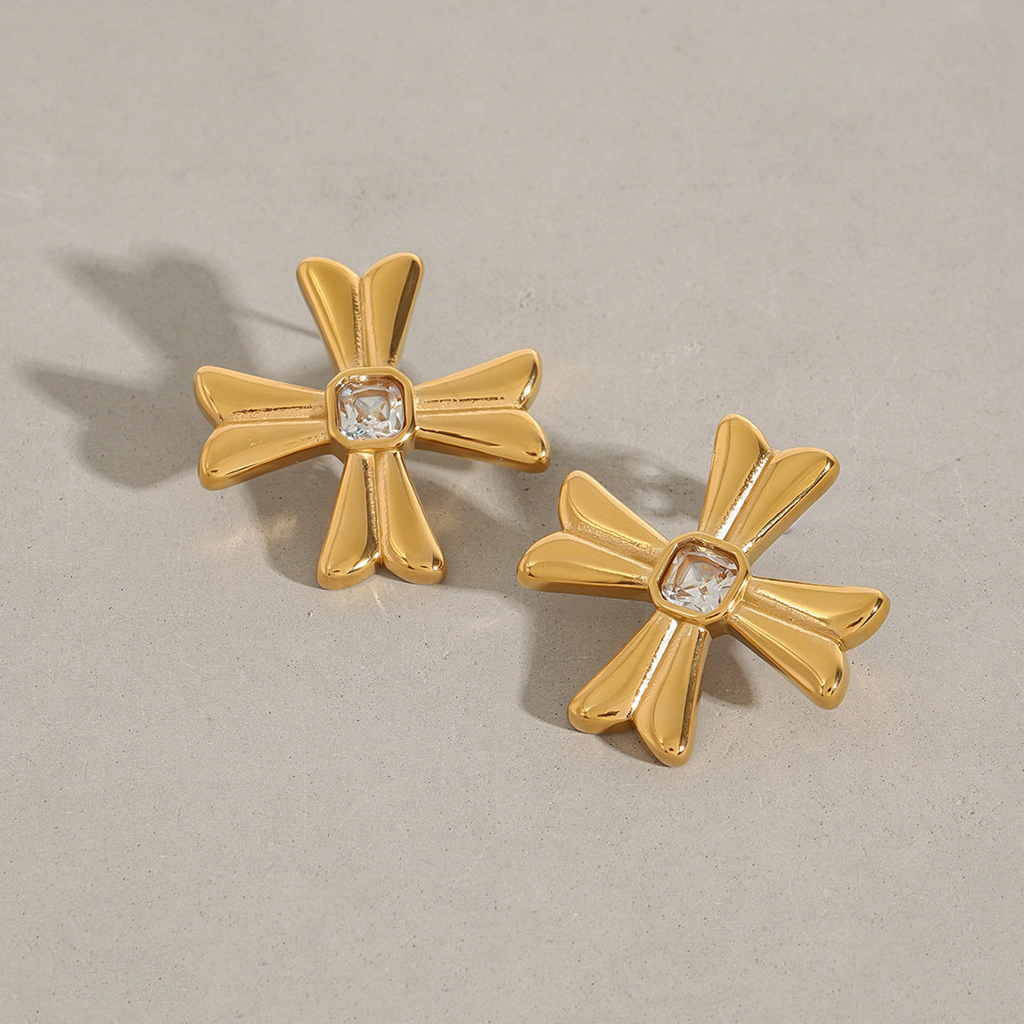 Gold Stainless Steel Diamond Cross Earrings