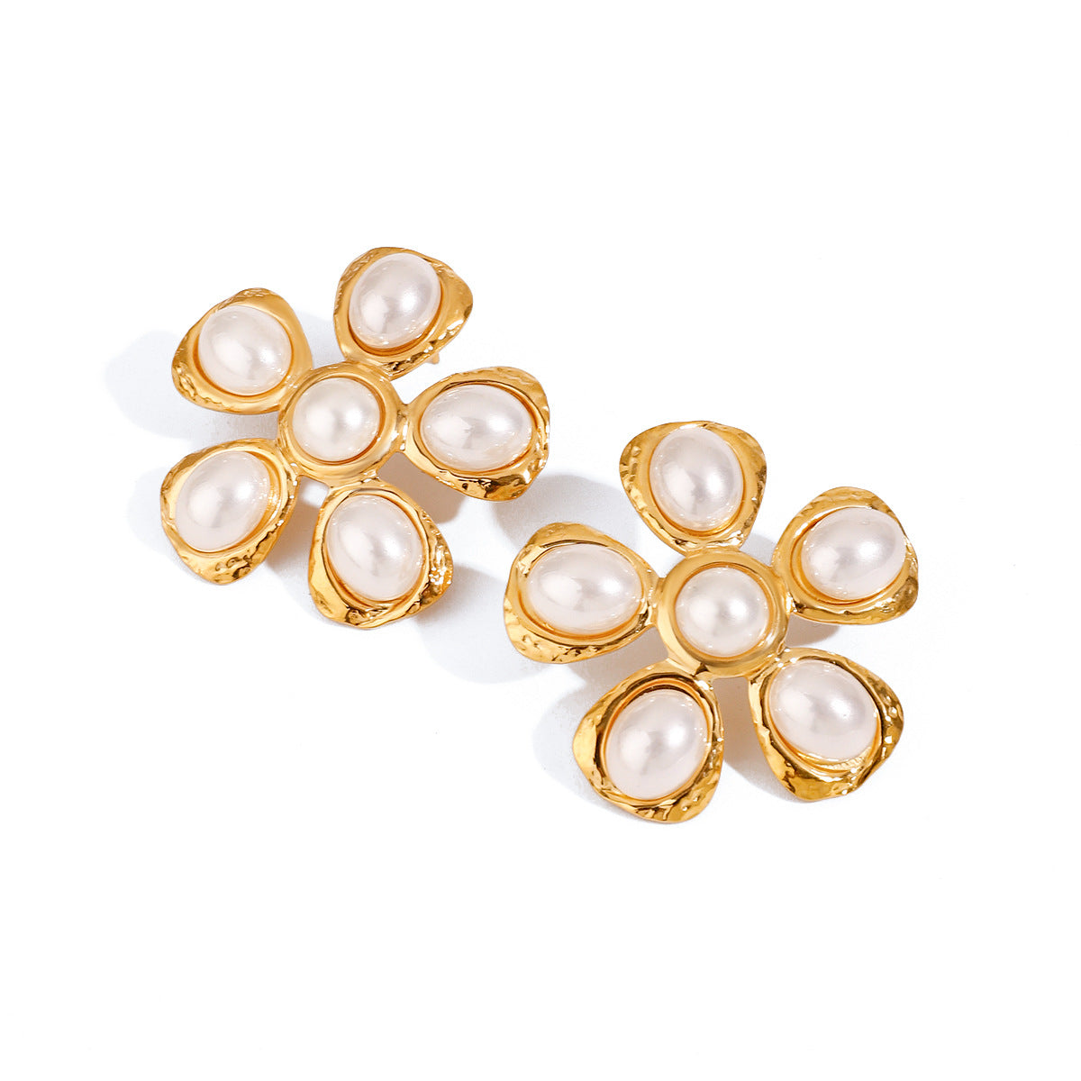 Gold Stainless Steel Pearl Flower Earrings
