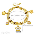 Gold Stainless Steel Diamond-encrusted Heart And Flower Double-layer Bracelet
