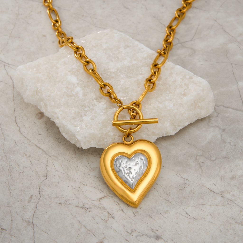 Gold Titanium Steel Ot Buckle Heart Necklace Inlaid With Zirconium