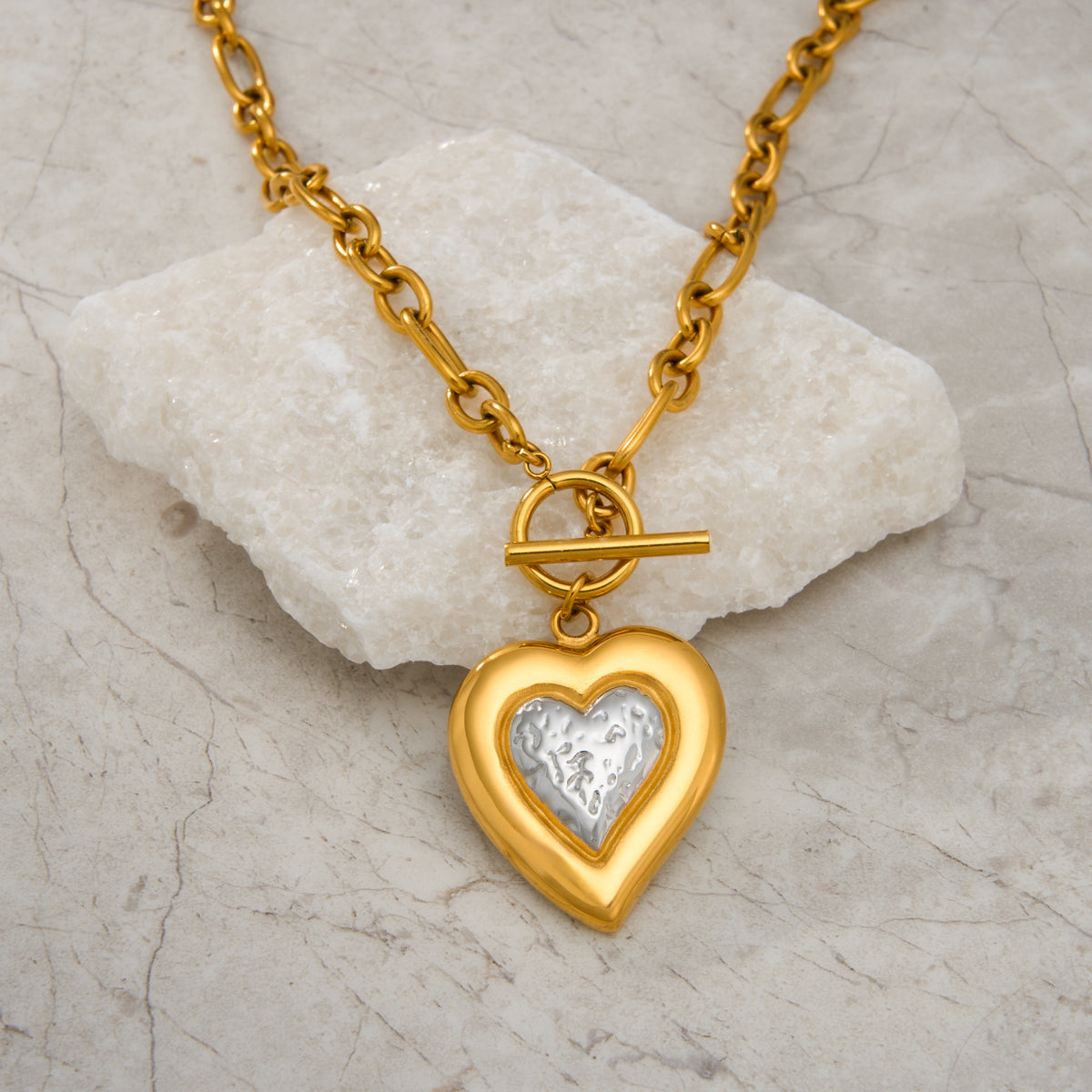 Gold Titanium Steel Ot Buckle Heart Necklace Inlaid With Zirconium
