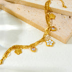 Gold Stainless Steel Diamond-encrusted Heart And Flower Double-layer Bracelet