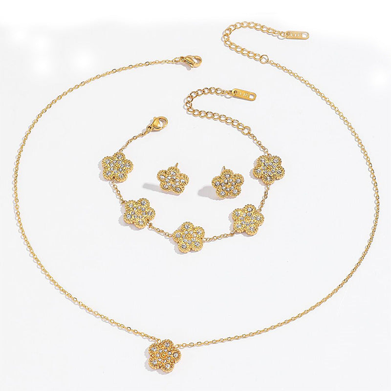 Five-leaf Clover [full Diamond Three-piece Set] Stainless Steel Diamond Flower Necklace Bracelet Earring Set