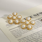 Gold Stainless Steel Pearl Flower Earrings