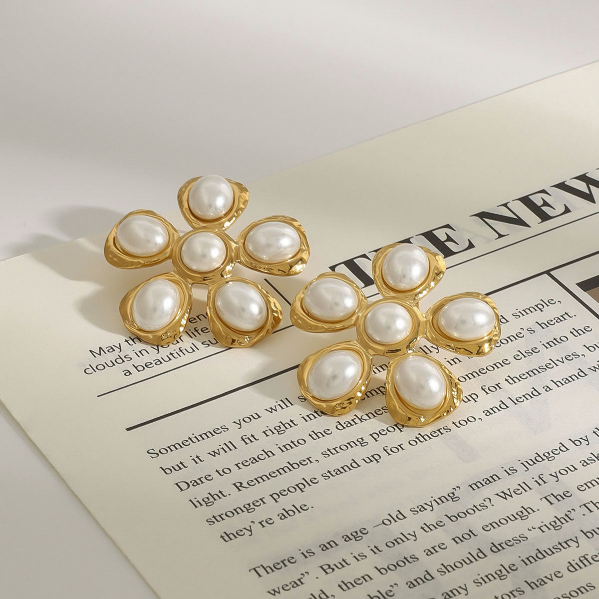 Gold Stainless Steel Pearl Flower Earrings