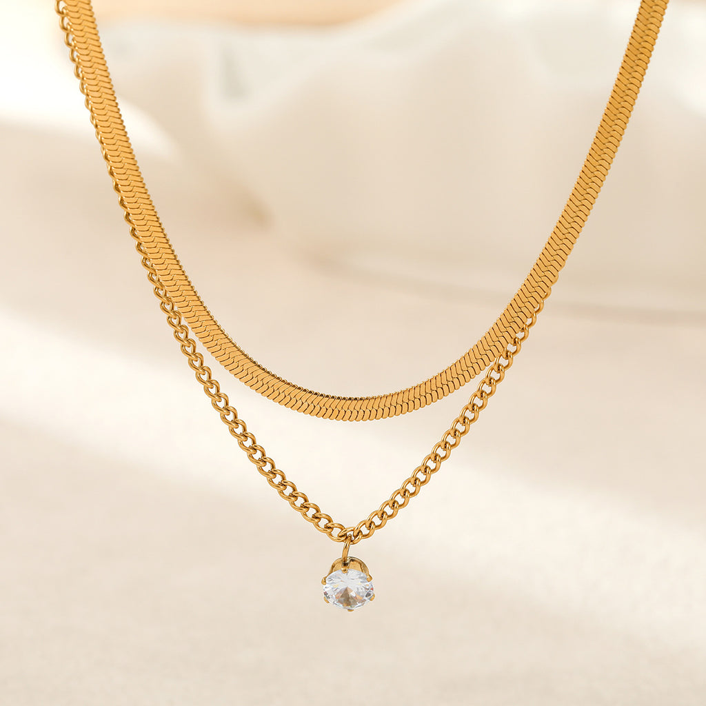 1 Double Necklace Stainless Steel Diamond Snake Bone Double Necklace