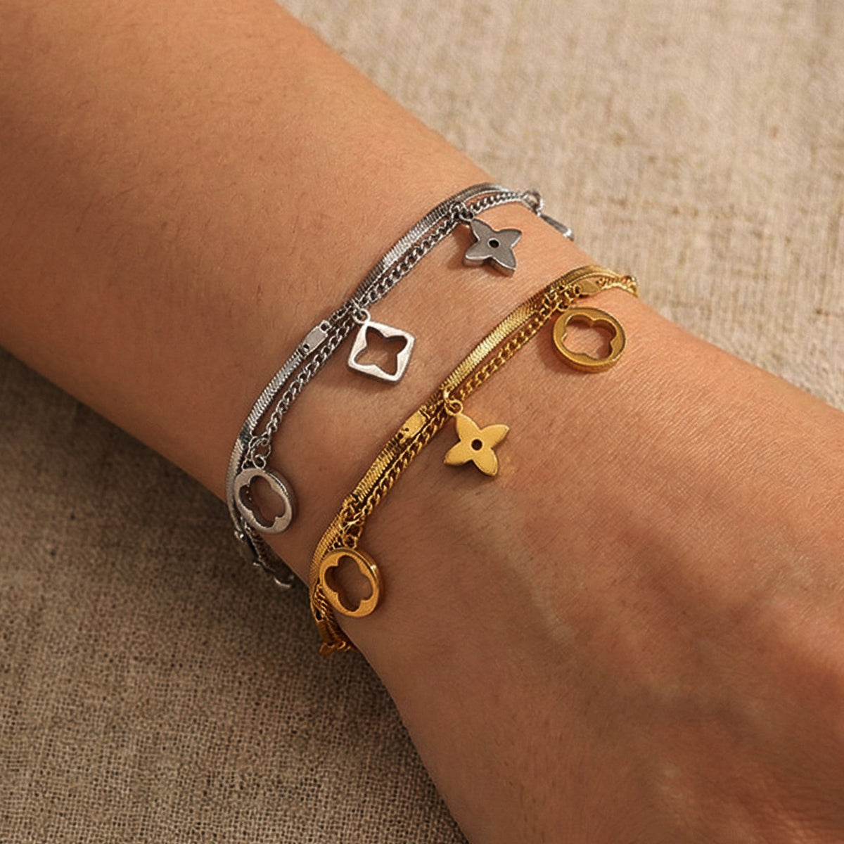 Silver Stainless Steel Four-leaf Clover Bracelet