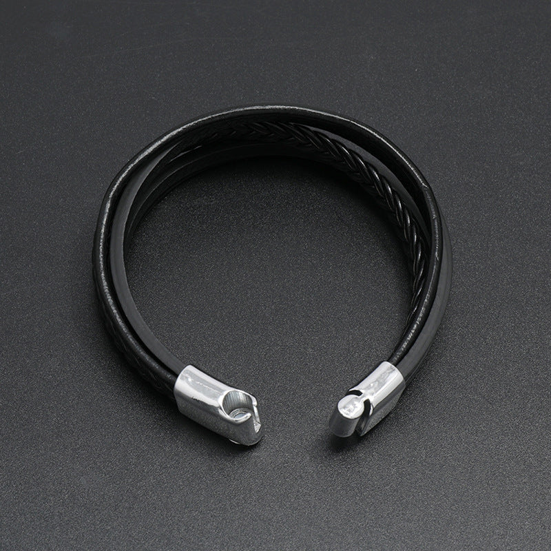 Silver Magnetic Buckle + Black Leather 23cm Multi-layer Braided Magnetic Buckle Men's Bracelet