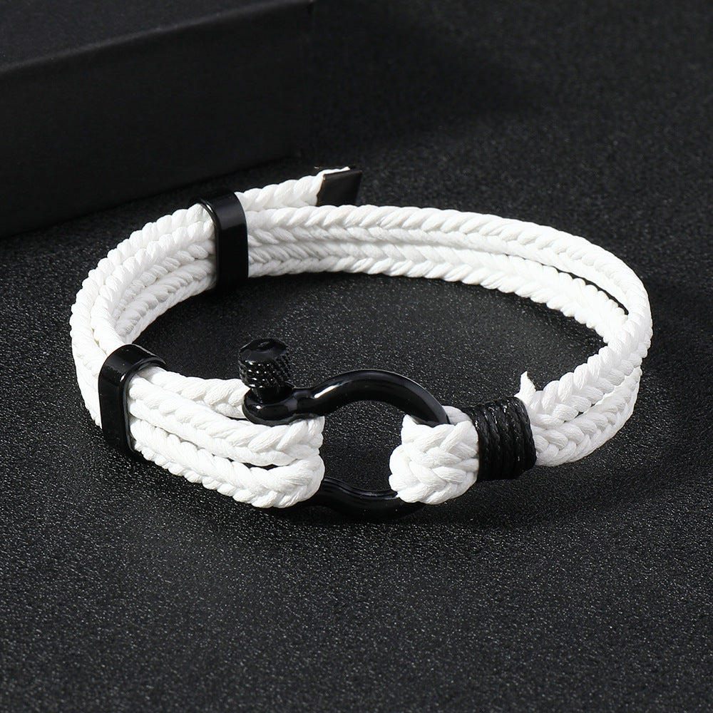 Black Leather Braided Horseshoe Buckle Men's Bracelet