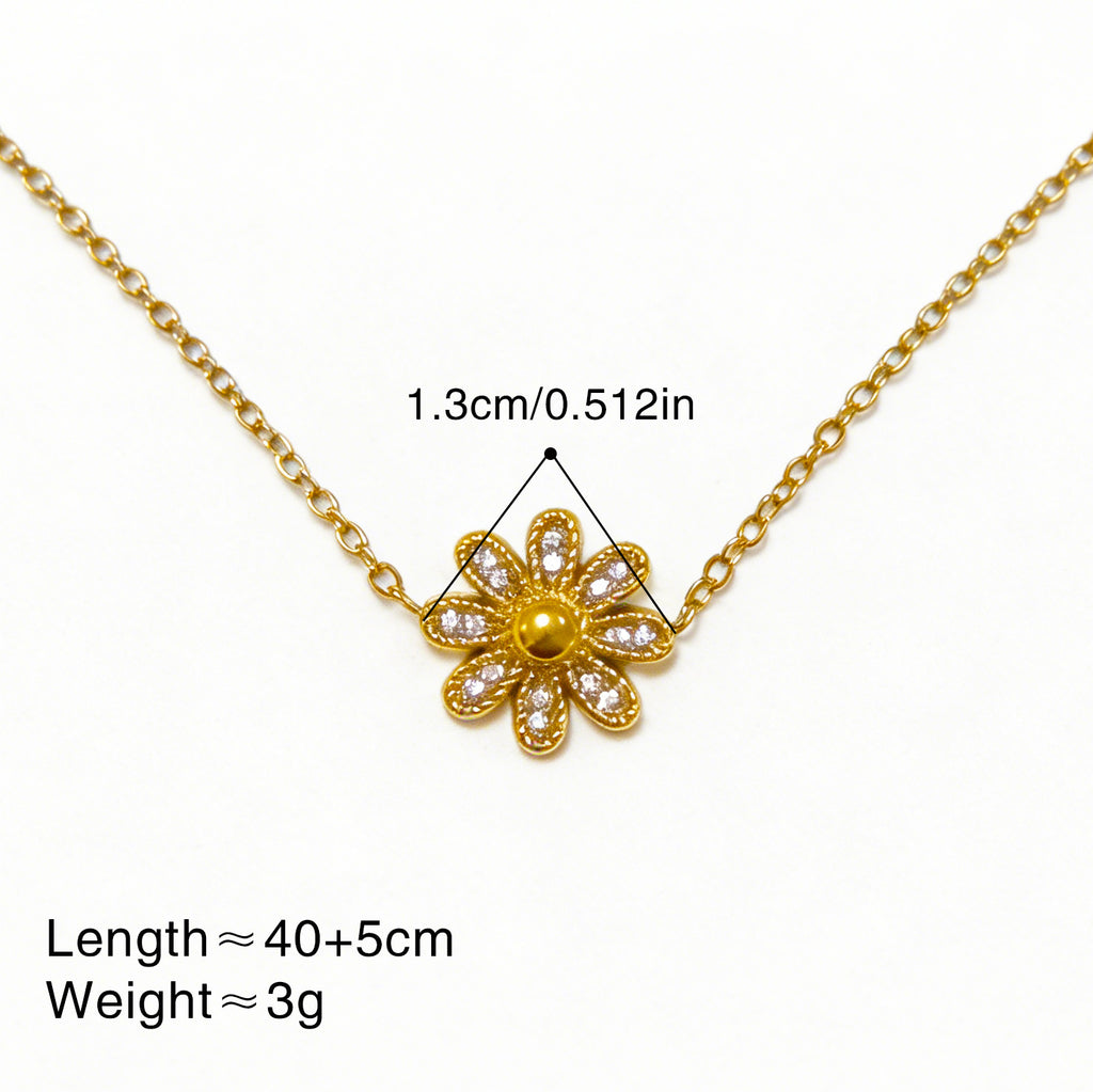 Gold 3d Daisy Zircon Pendant Necklace Stainless Steel 18k Gold Plated