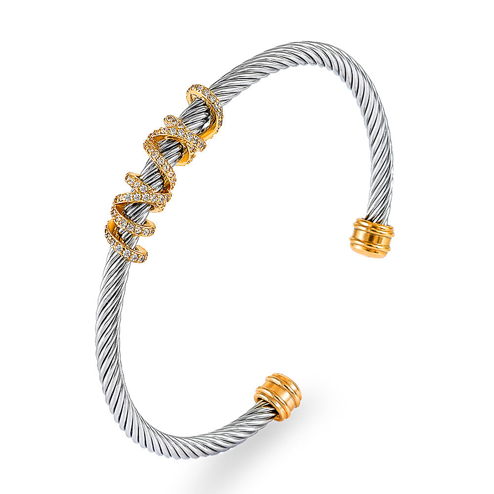 Fashion Style-10 Steel Colors Stainless Steel Diamond Threaded Open Bracelet