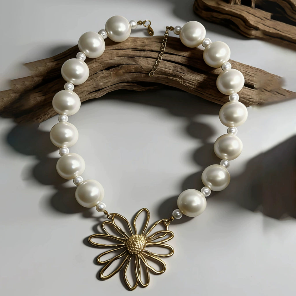 Milky 304stainless Steel Pearl Beaded Flower Necklace