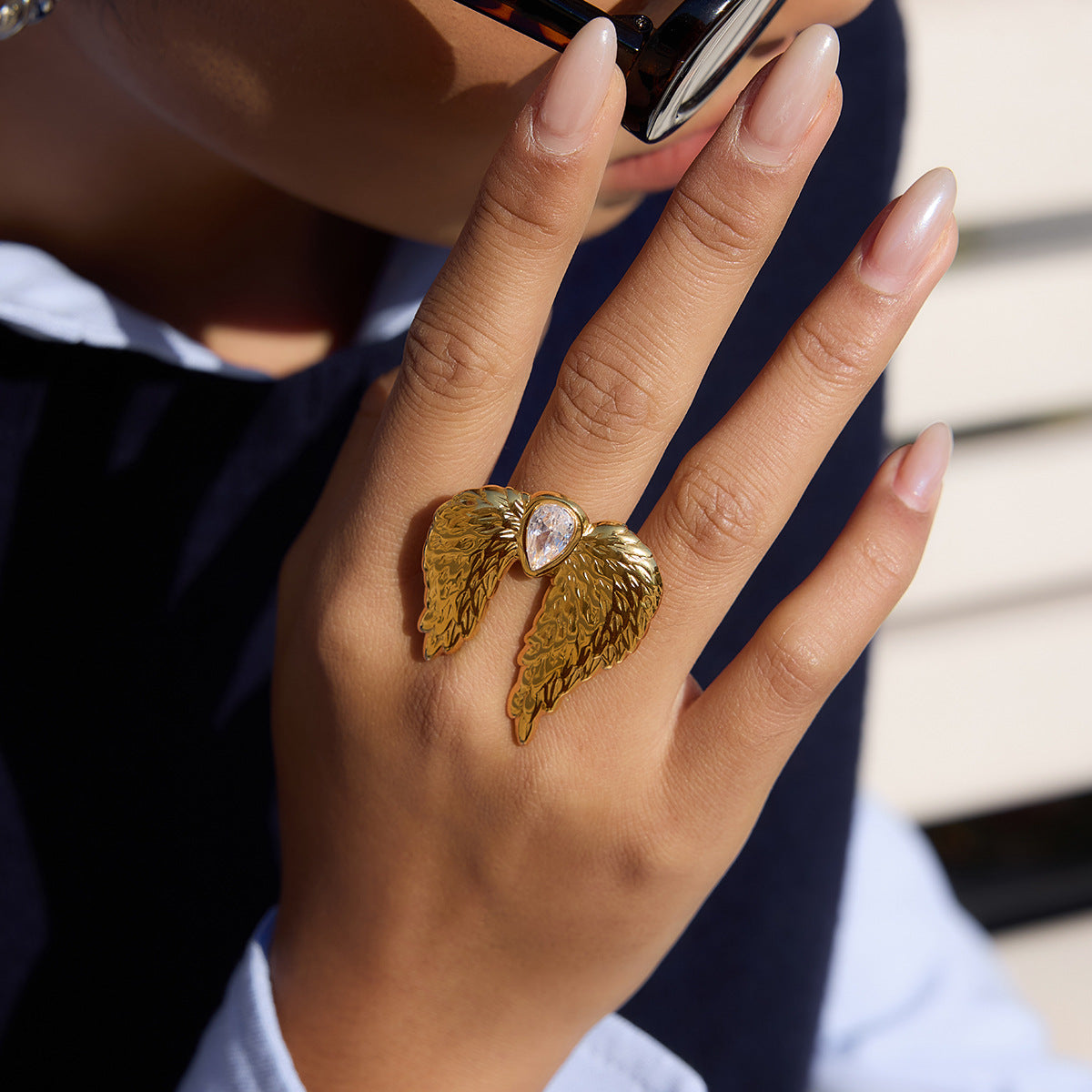Gold Stainless Steel Diamond-encrusted Wing Ring