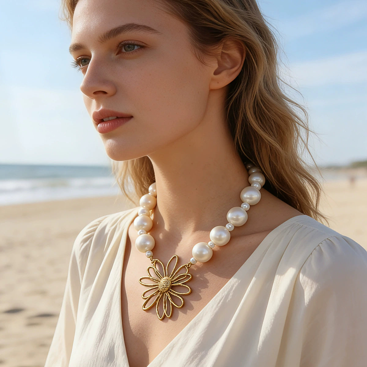 Milky 304stainless Steel Pearl Beaded Flower Necklace