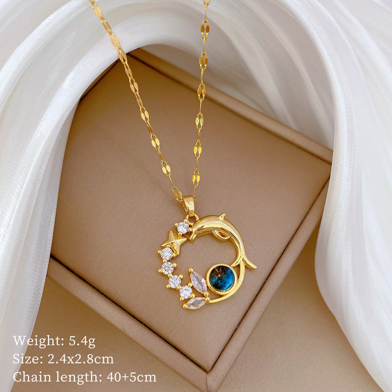 Gold 74 Titanium Steel Diamond Pearl Geometric Necklace