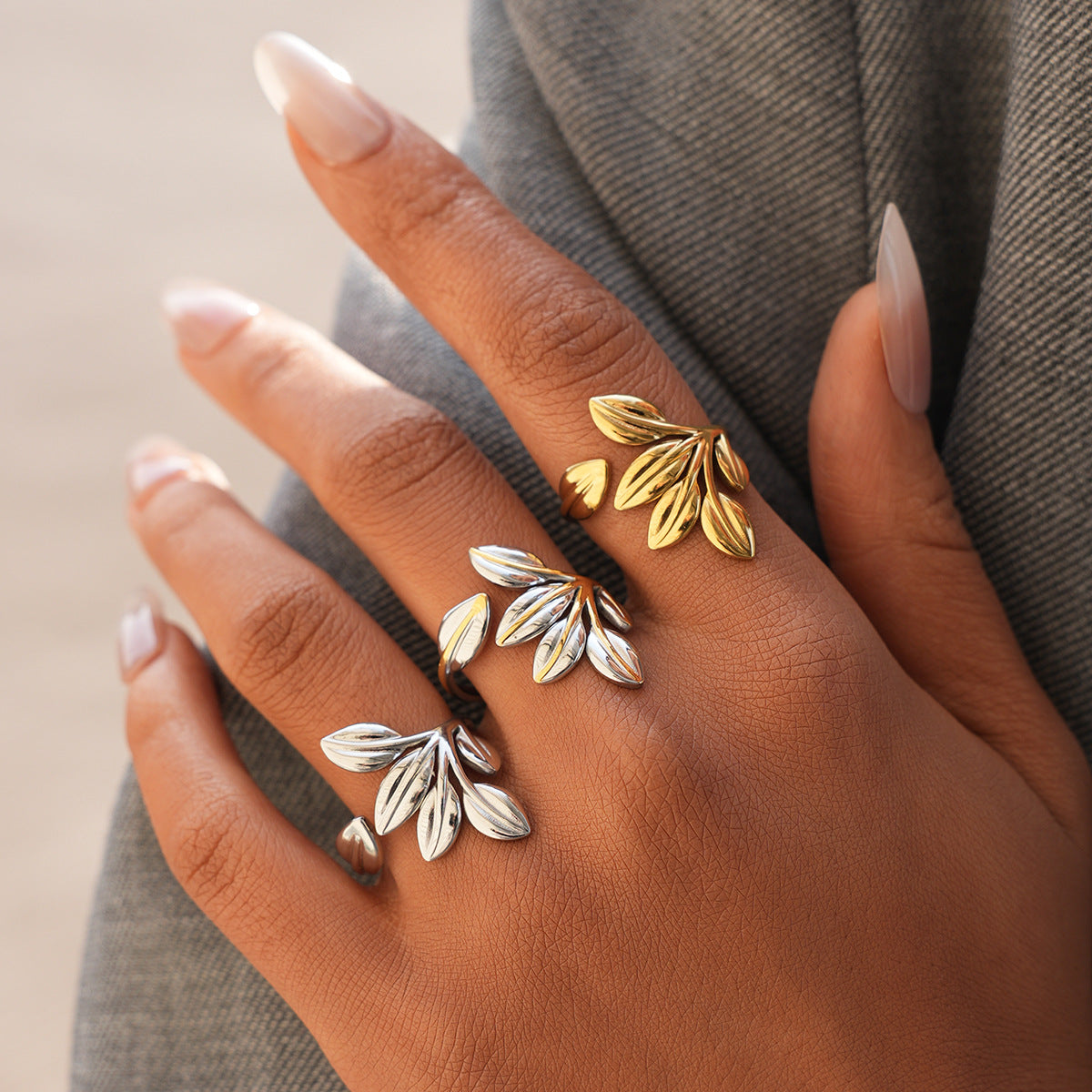 Silver 304 Stainless Steel Leaf Ring
