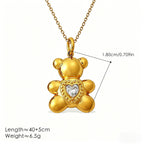 Gold Hollow Heart Bear Pendant Necklace Stainless Steel White Zircon Jewelry