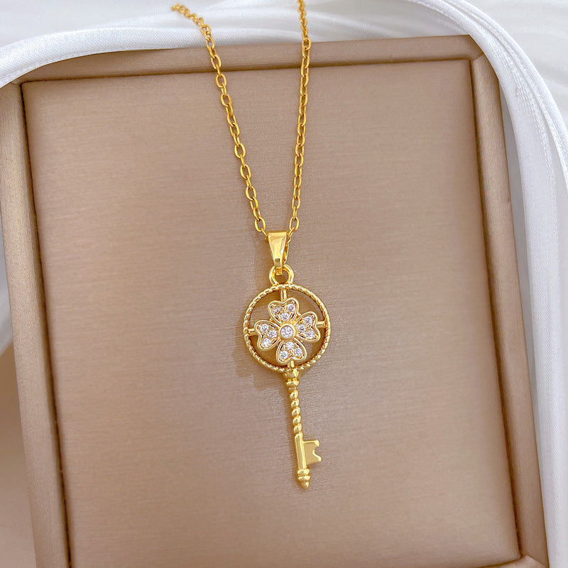 Gold Titanium Steel Diamond-encrusted Key Necklace