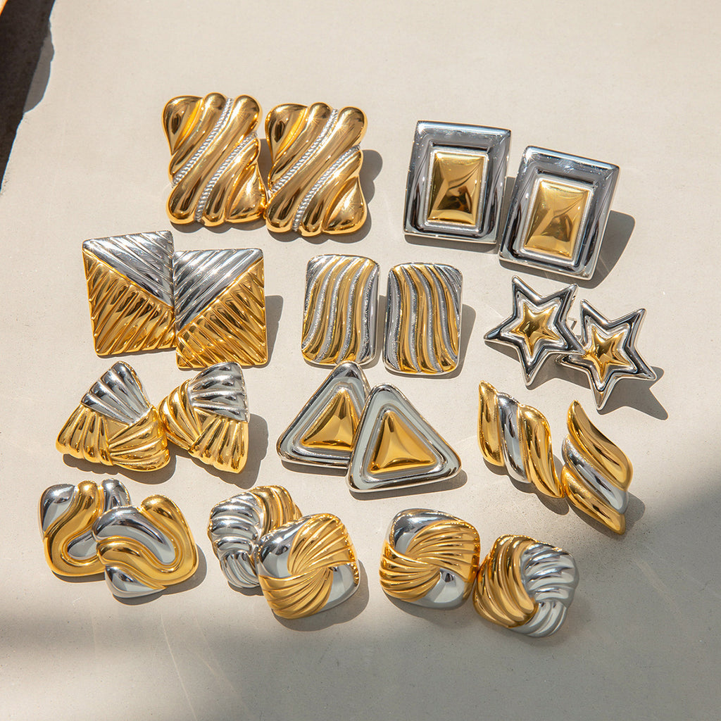 Gold And Silver 6 Stainless Steel Contrast Geometric Texture Earrings