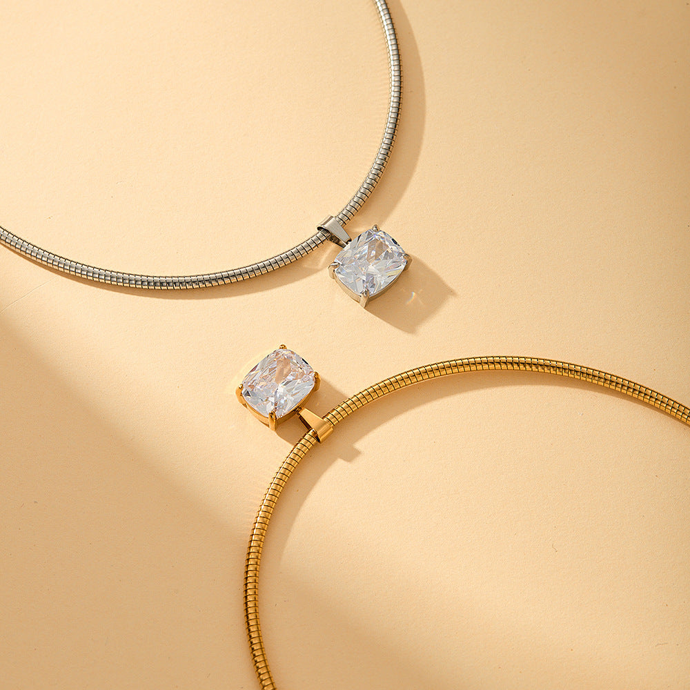 Gold Square Zircon Stainless Steel Spring Chain Necklace