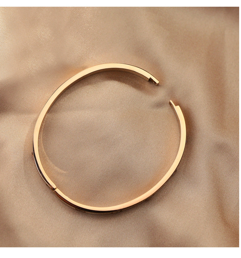 Fashion Silver Titanium Steel Round Open Bracelet With Diamonds