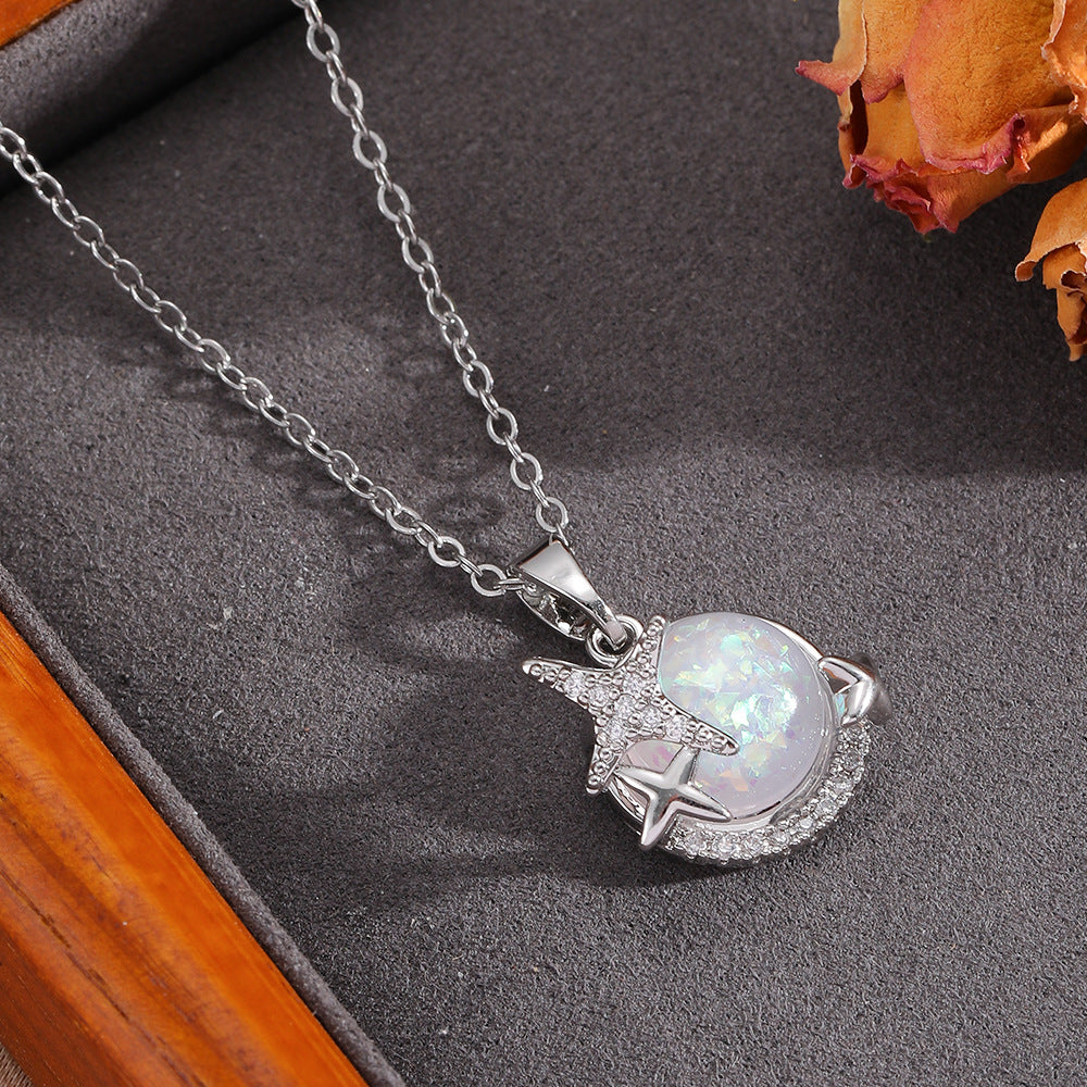 Necklace #8 304 Stainless Steel Diamond-encrusted Heart And Moon Necklace