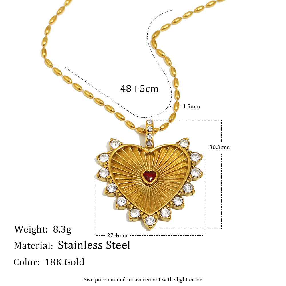 Carved Heart Necklace - Gold Stainless Steel Diamond-encrusted Heart Necklace