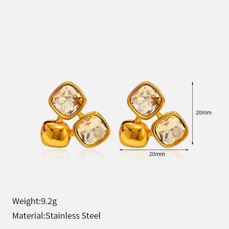 Gold 316l Stainless Steel Diamond-set Square Stud Earrings