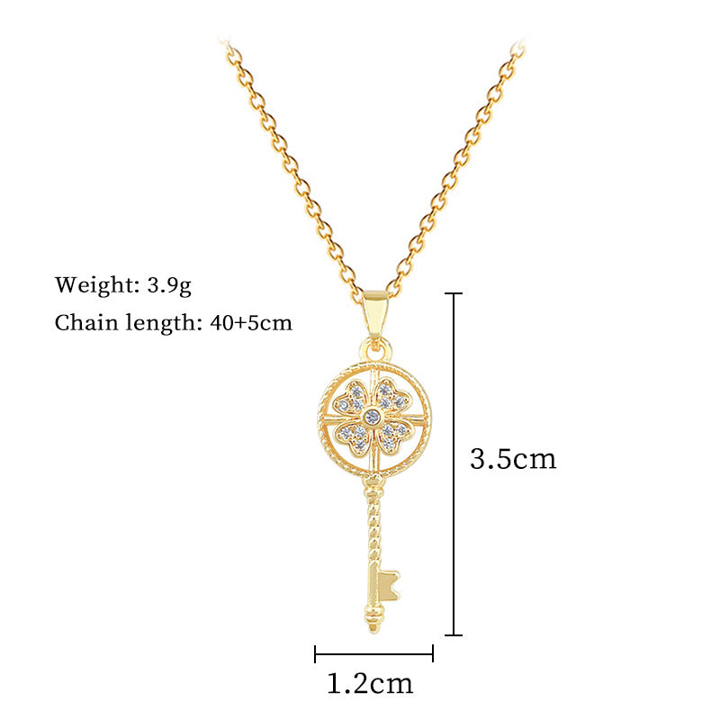 Gold Titanium Steel Diamond-encrusted Key Necklace