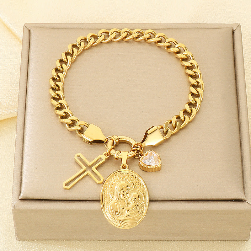 Gold 18k Gold Plated Coin Portrait Cross Cuban Bracelet
