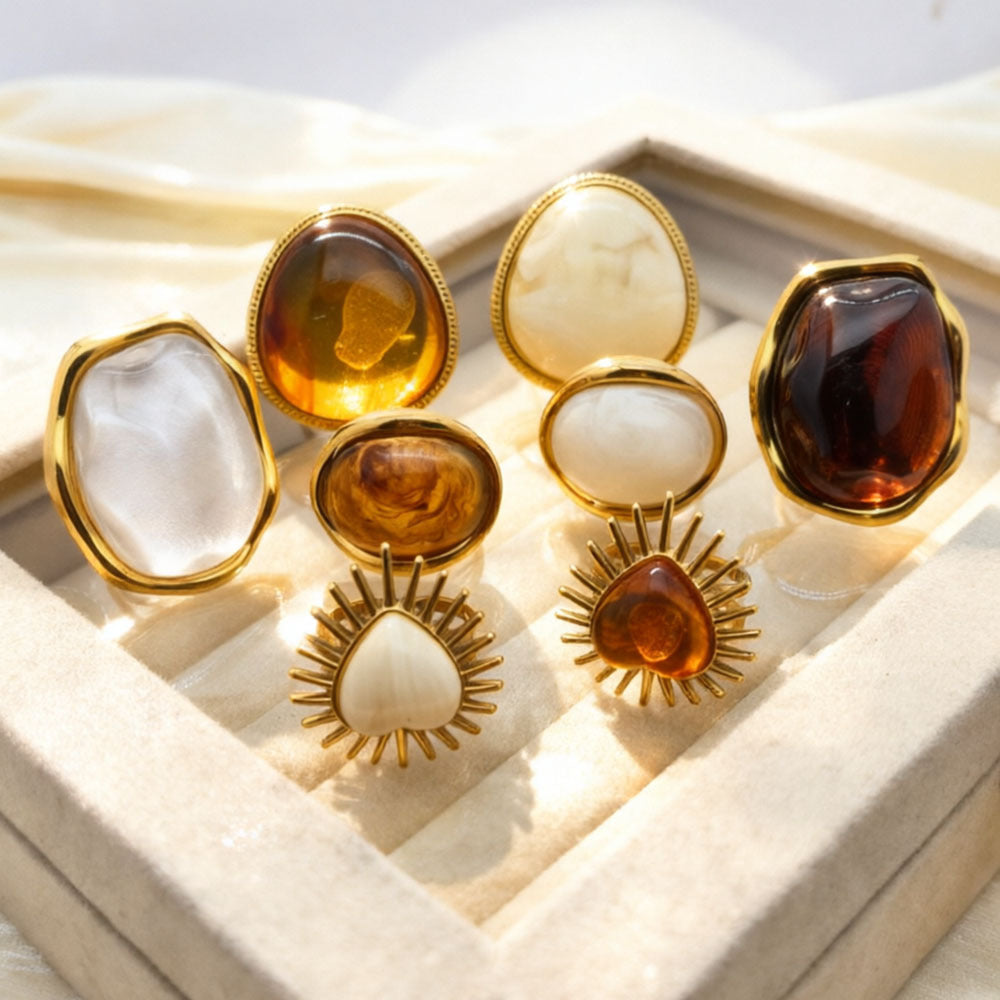 Amber Oversized Resin Stainless Steel Statement Ring