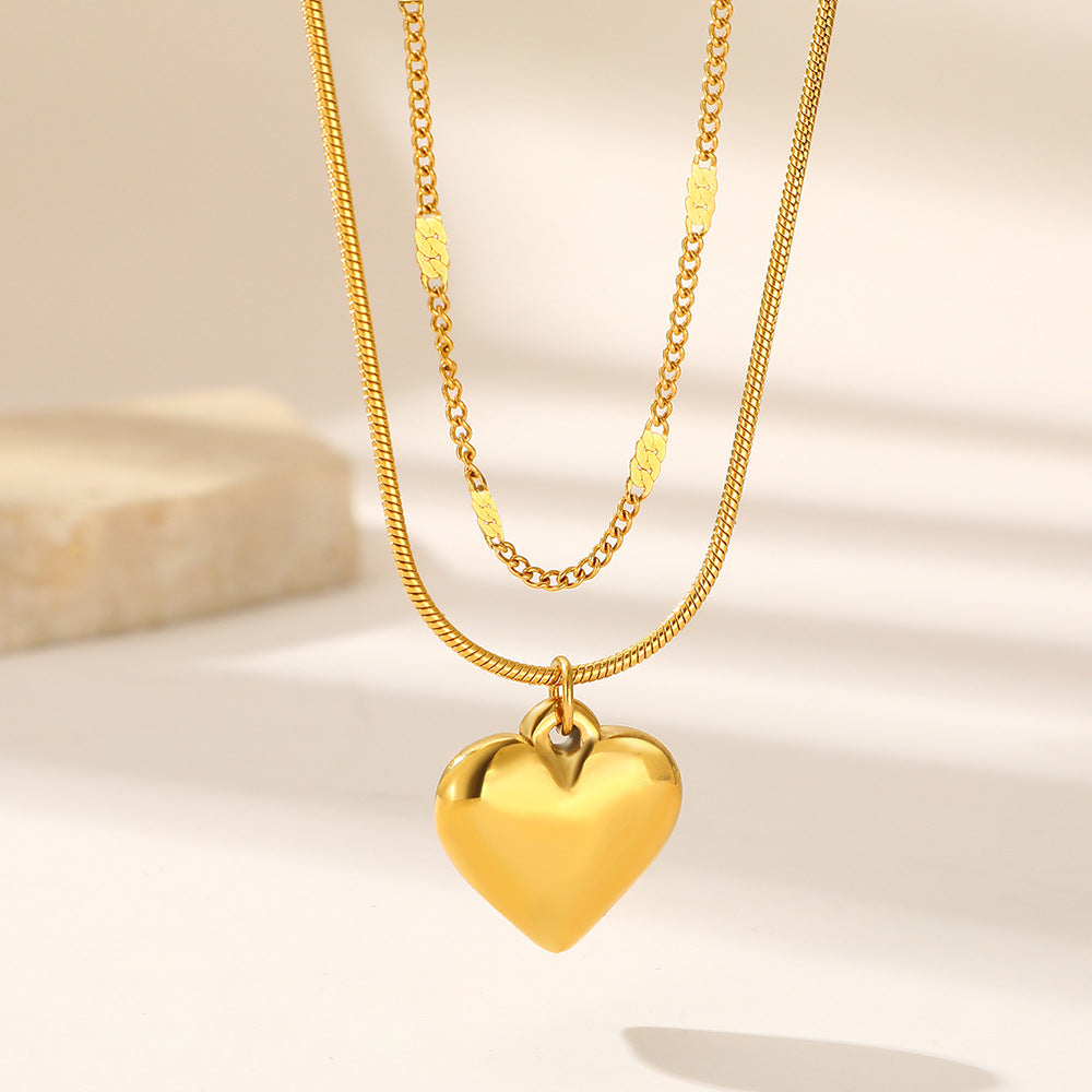 Silver Stainless Steel Heart Double Layer Necklace