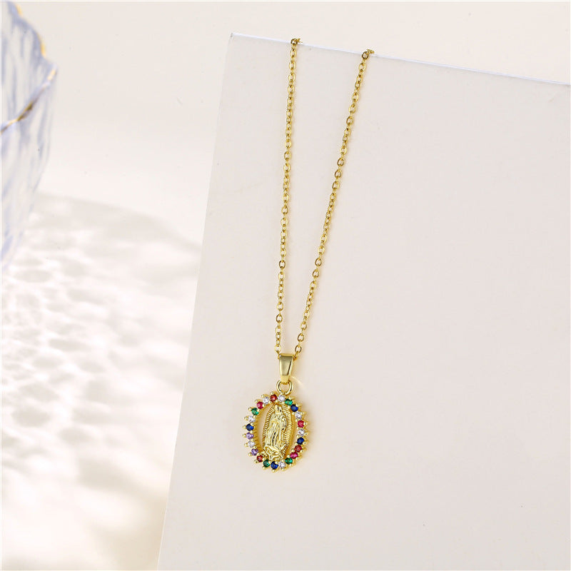 Gold Stainless Steel Diamond-encrusted Virgin Mary Necklace