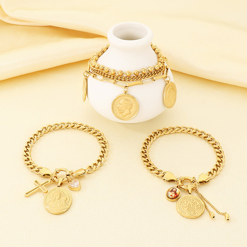 Gold 18k Gold Plated Coin Portrait Cross Cuban Bracelet