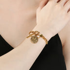 Gold 18k Gold Plated Coin Portrait Cross Cuban Bracelet