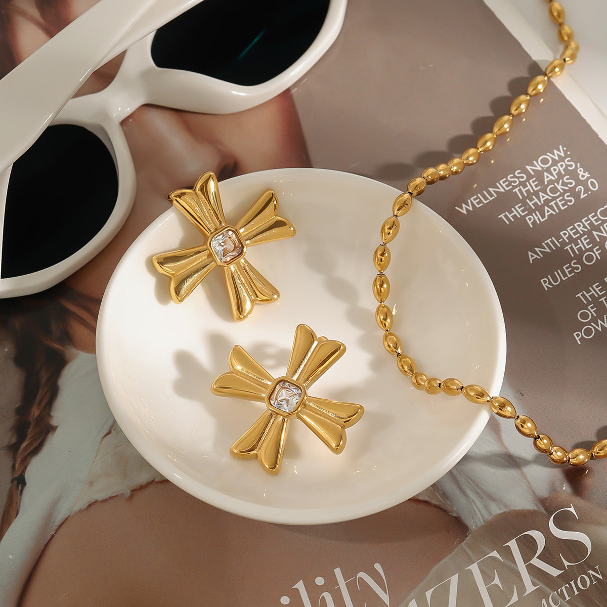 Gold Stainless Steel Diamond Cross Earrings